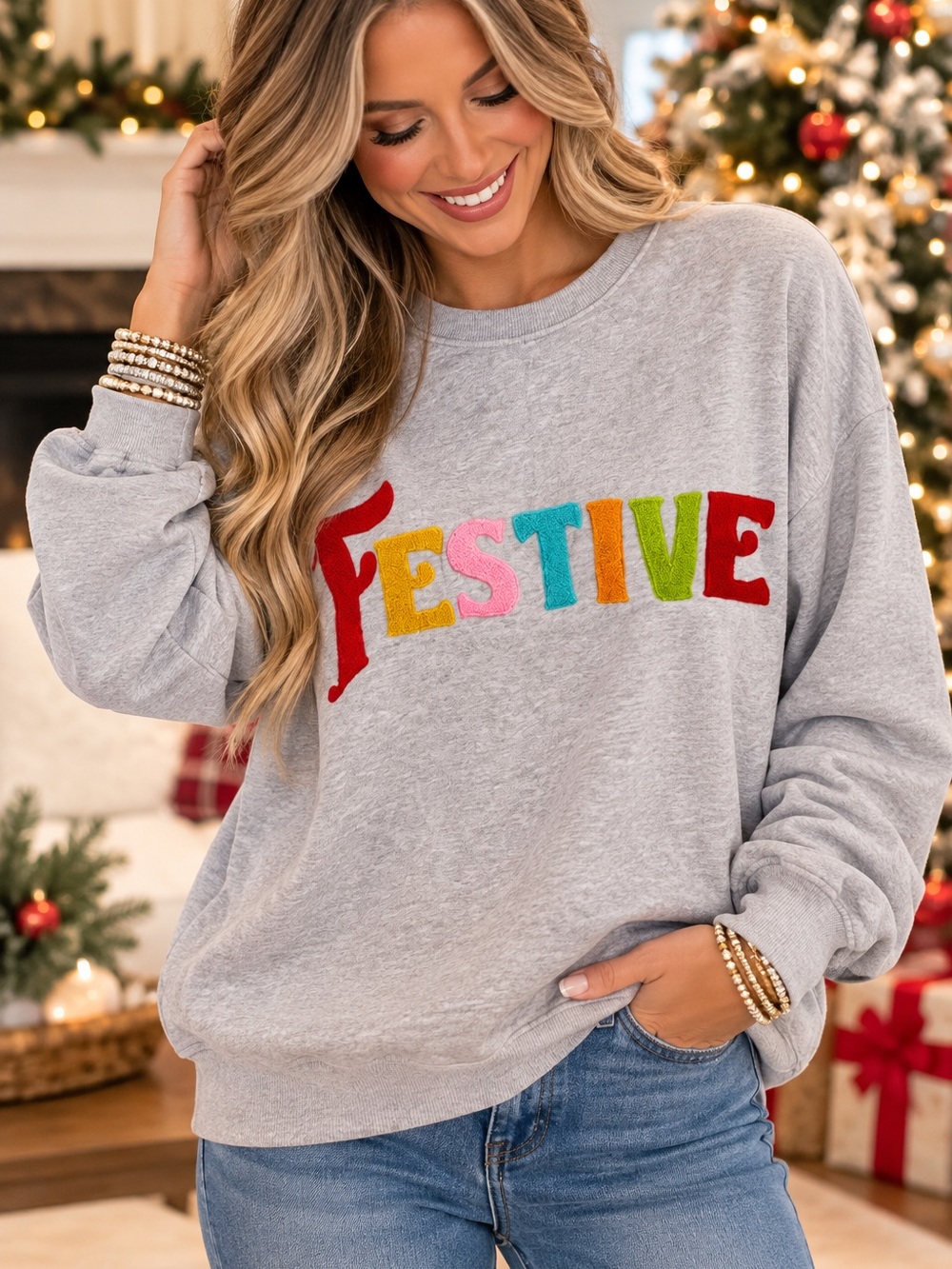 Spiraleah Chicago Festive Multicolor Chenille Sweatshirt XL Holiday Preppy